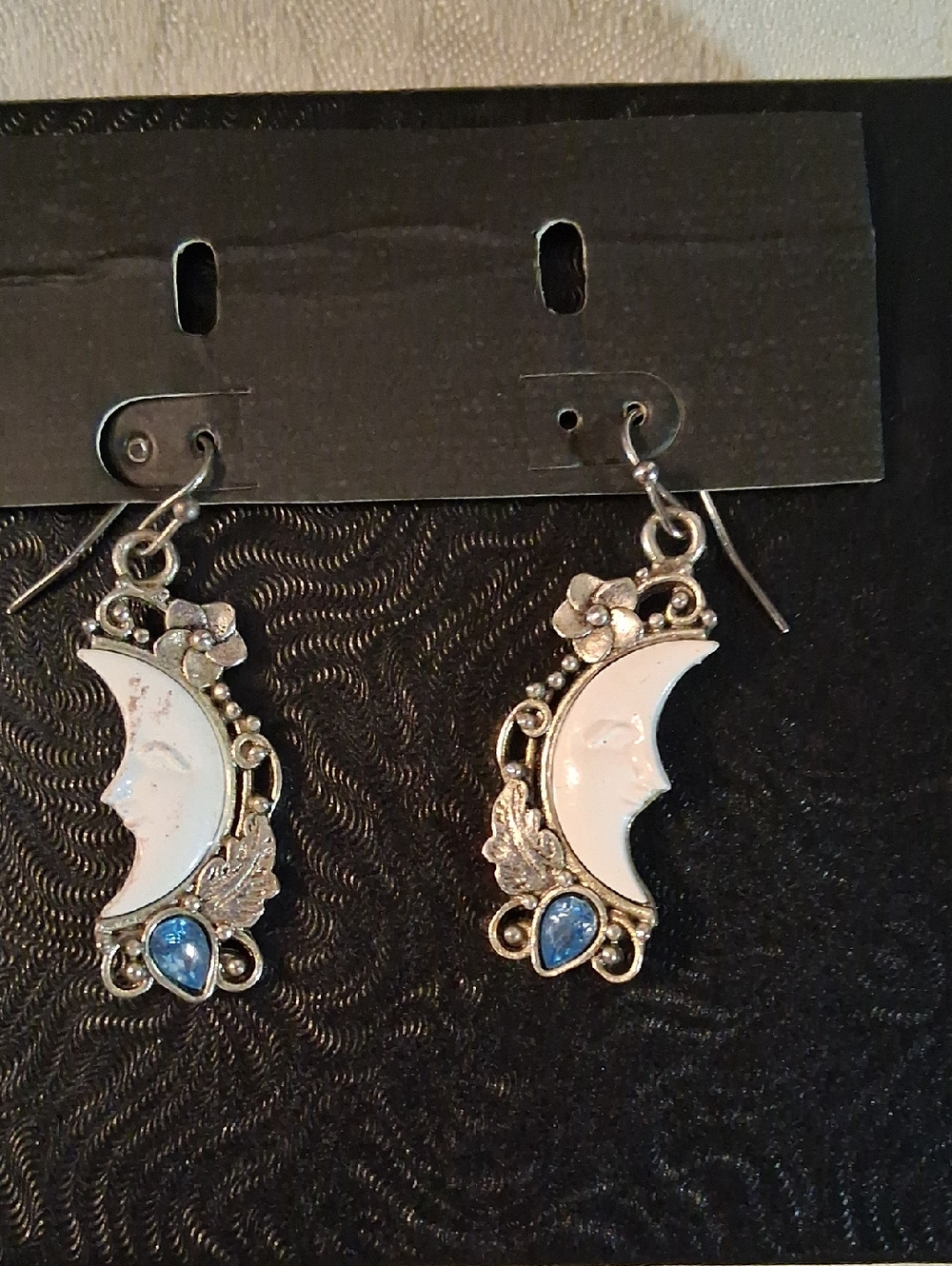 Silver Tone White Moon & Blue Crystal Drop Earrings